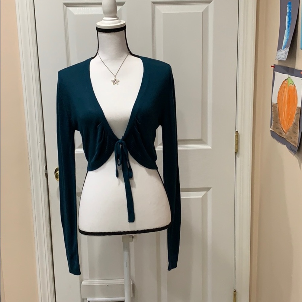 CLEARANCE Teal long sleeve tie front shrug sweater